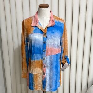 John Mark Colorful Women's Button-Up Top tunic watercolor ombre colorblock M
